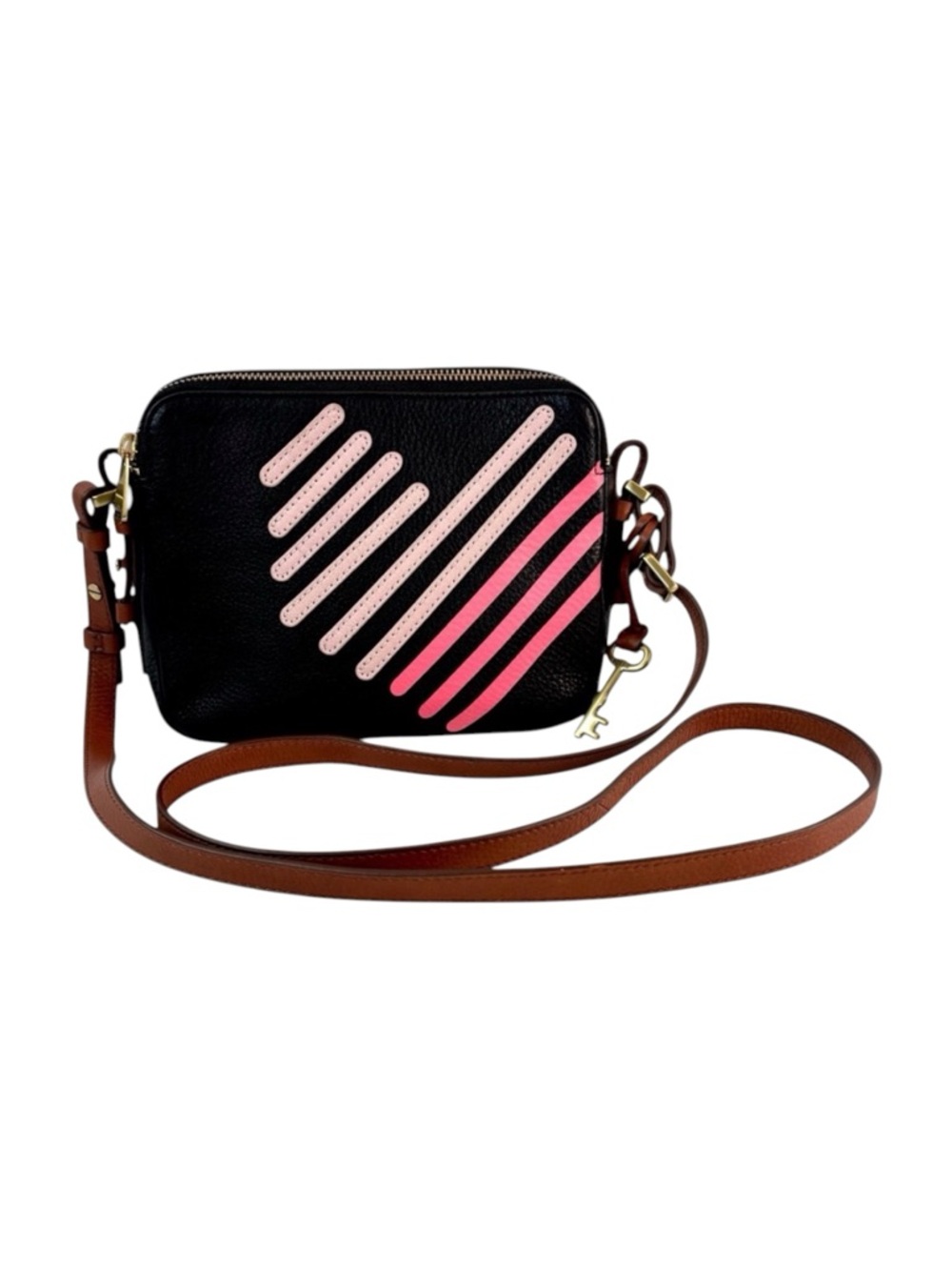 Fossil Piper Double Zipper Crossbody Black Pebbled Leather Heart Stripe Pink